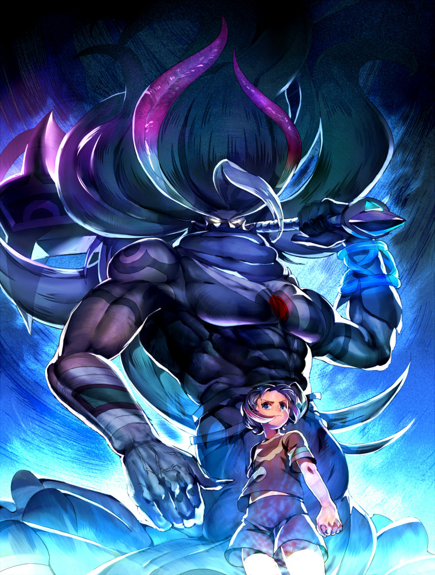 1boy, ankokushin_dark_exodus, bad_id, bad_pixiv_id, black_eyes, black_hair, blue_eyes, glowing, glowing_eyes, hair_ornament, highres, inazuma_eleven, inazuma_eleven_(series), inazuma_eleven_go, keshin_(inazuma_eleven), konbu_wakame, long_hair, male_focus, md5_mismatch, muscular, short_hair, shuu_(inazuma_eleven), soccer_uniform, sportswear