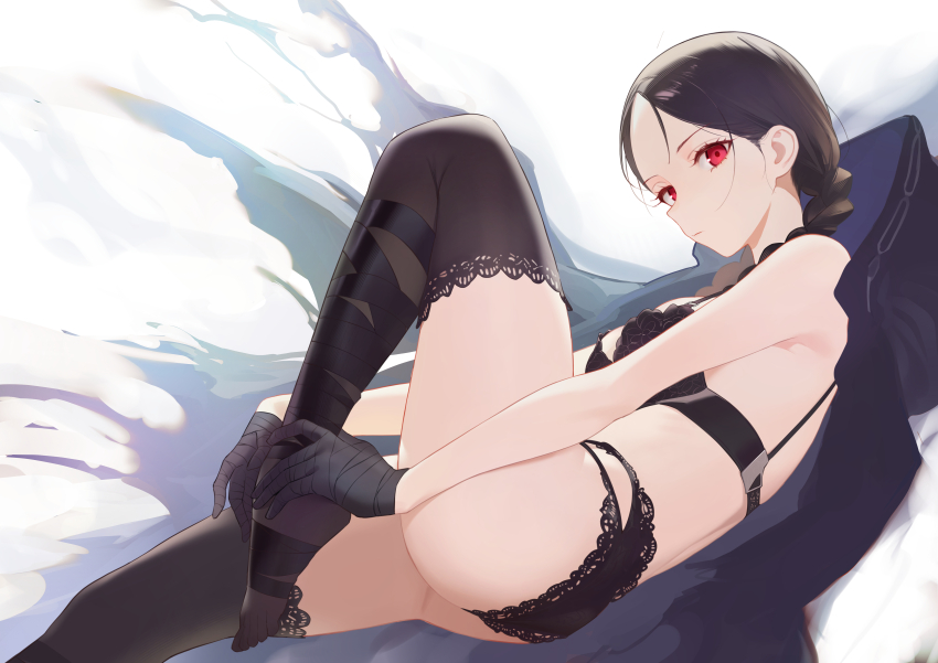 1girl, absurdres, bandaged_hand, bandages, bare_shoulders, black_bra, black_hair, black_panties