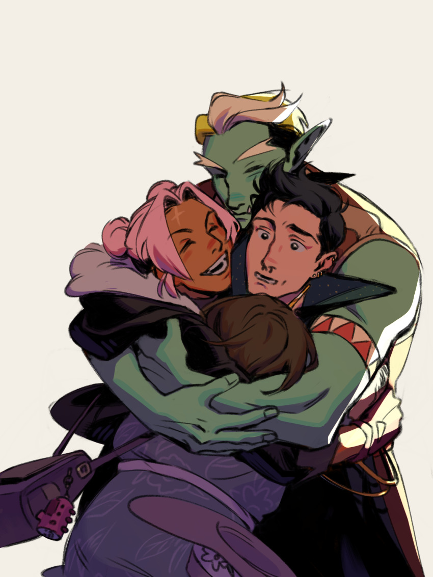 1girl, 1other, 2boys, aquiline_nose, black_hair, double_bun, drawfee, drawtectives