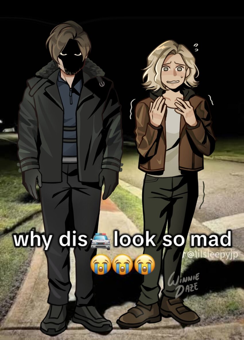 1boy, 1girl, artist_name, beard_stubble, black_coat, black_gloves, black_pants, black_shoes