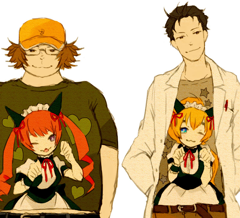 2boys, ;3, akiha_rumiho, baseball_cap, belt, black_hair, blonde_hair, blue_eyes, brown_hair, facial_hair, faris_nyannyan, fat, fat_man, glasses, hashida_itaru, hat, johnson, lab_coat, maid_headdress, male_focus, multiple_boys, okabe_rintarou, one_eye_closed, paw_pose, pink_hair, purple_eyes, science_adventure, shiina_mayuri, shirt, simple_background, smile, steins;gate, stubbe, stubble, waitress, white_background, wink