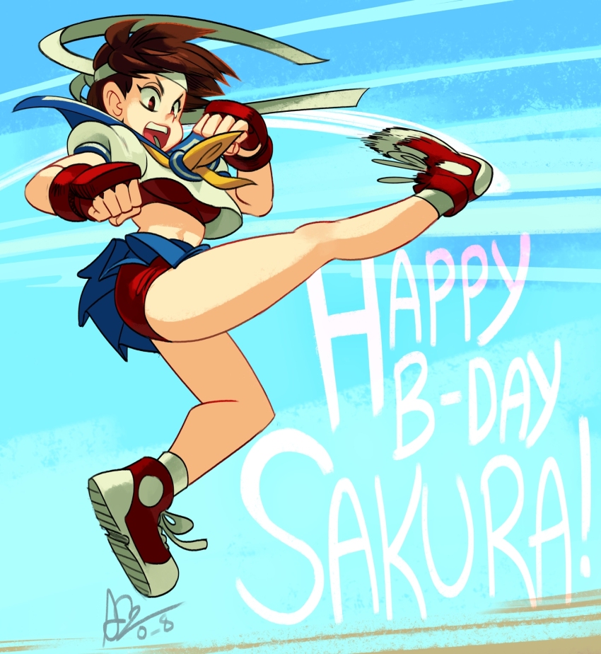 1girl, alex_ahad, ascot, bare_legs, blue_sailor_collar, blue_skirt, buruma, buruma_under_skirt