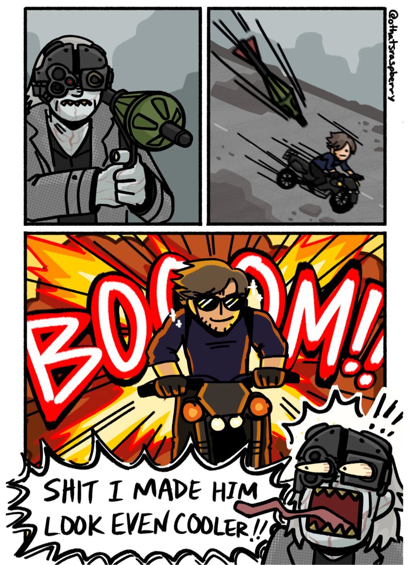 absurdres, beard_stubble, black_gloves, black_shirt, border, brown_hair, colored_skin, commentary