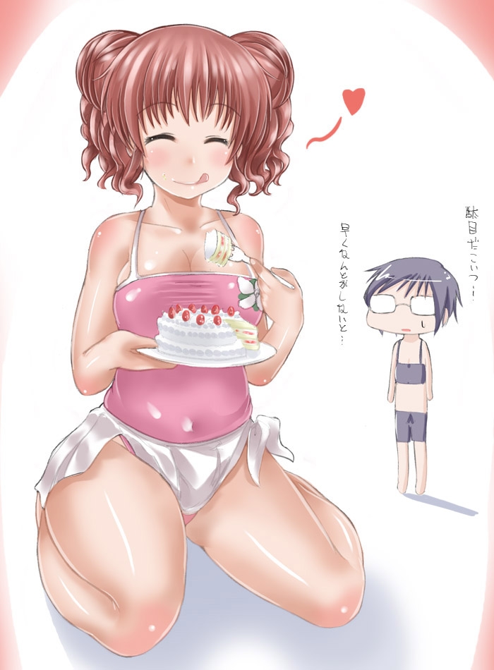 00s, 2girls, abubu, bike_shorts, breasts, brown_hair, cake, cleavage