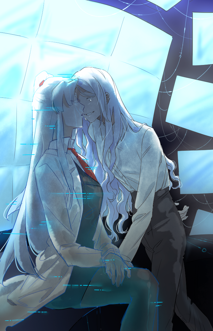 angela_(project_moon), black_pants, black_vest, blue_hair, closed_eyes, coat, collared_shirt, commentary_request, crying, hologram, indoors, lab_coat, lobotomy_corporation, long_hair, manager_(wonderlab), necktie, pants, parted_bangs, parted_lips, project_moon, red_necktie, shared_clothes, shirt, sidelocks, sitting, smile, very_long_hair, vest, wavy_hair, wei_qie_zaisheng, white_coat, white_shirt, wonderlab