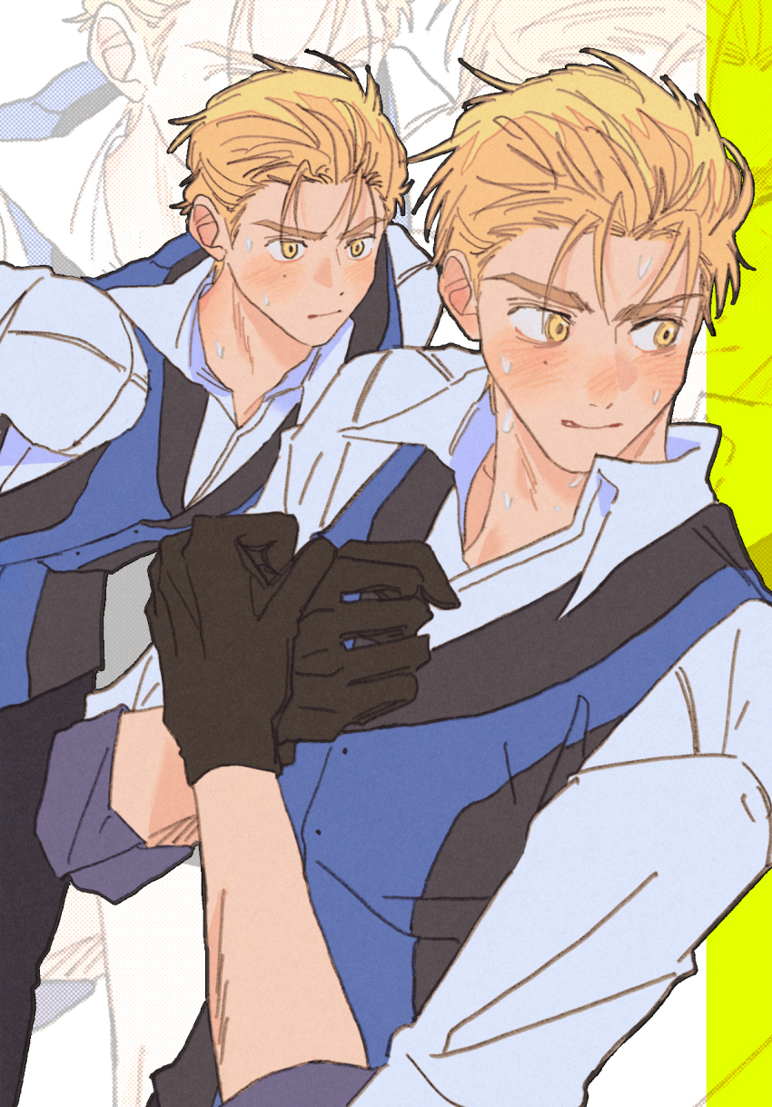 1boy, akeuraji_tsukasa, black_gloves, blonde_hair, blush, commentary_request, day_(dfe7ff), gloves