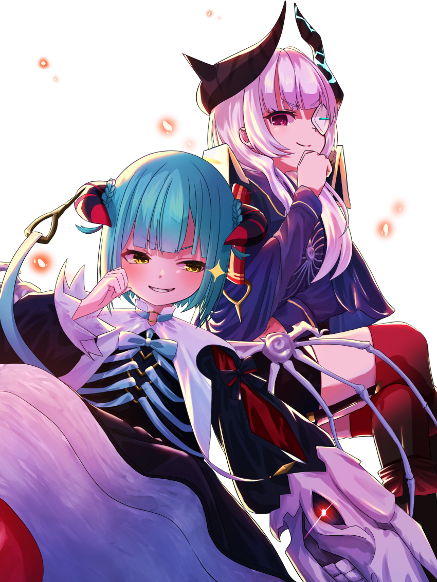 >:), 2girls, absurdres, backlighting, black_dress, black_horns, black_shirt, black_shorts