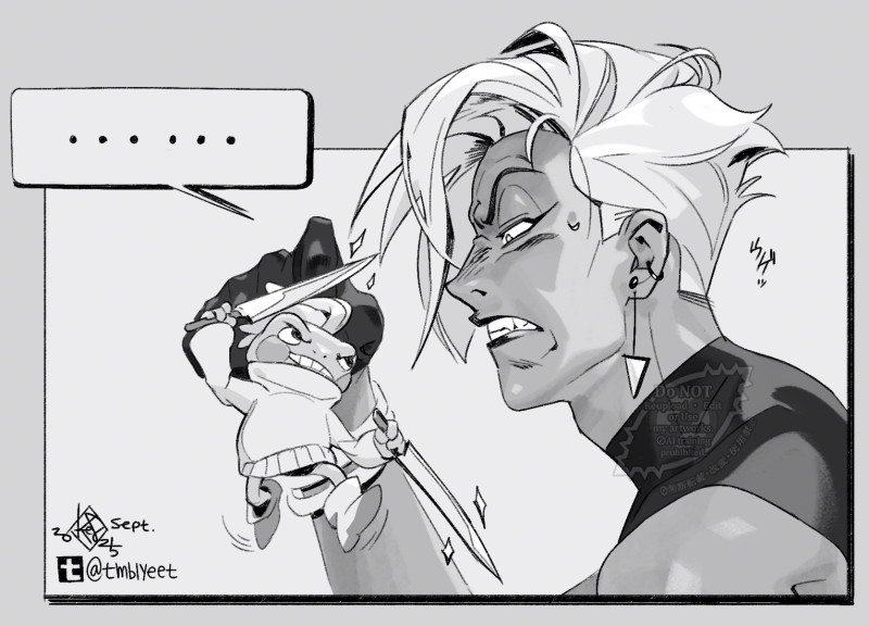 ..., 1boy, 1other, adam's_apple, angry, boots, drawfee, earrings, fang, frog, furrowed_brow, grimace, holding, holding_knife, jewelry, knife, lips, mini_person, miniboy, ribbit_ranger, rowan_(drawfee), shirt, short_hair, sleeveless, sleeveless_turtleneck, speech_bubble, spoken_ellipsis, teeth, tmblyeet, turtleneck, turtleneck_shirt, very_short_hair