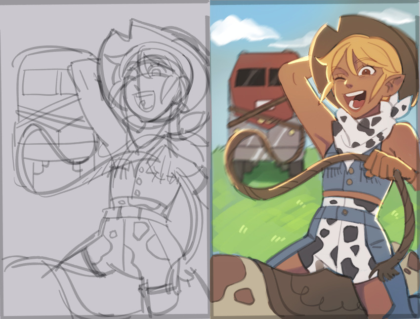 1girl, absurdres, animal_print, blonde_hair, chaps, commentary, cow_print, cowboy_hat