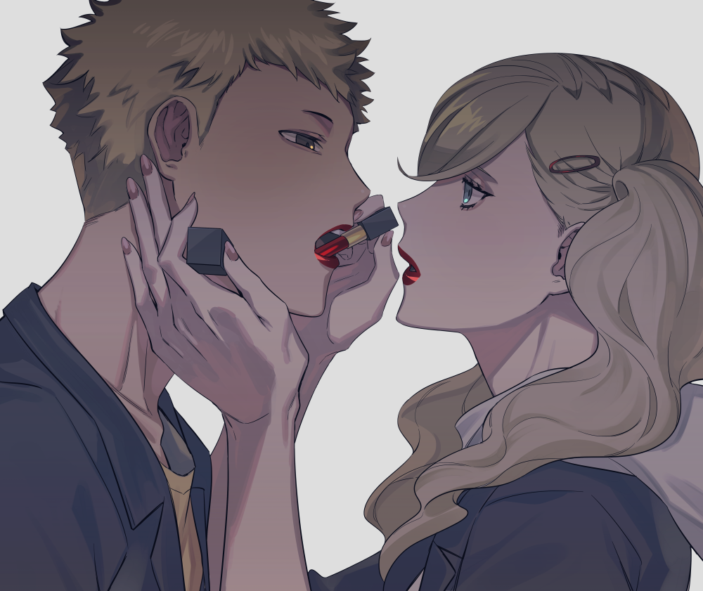 1boy, 1girl, applying_another's_makeup, applying_makeup, blonde_hair, blue_eyes, commentary, cosmetics