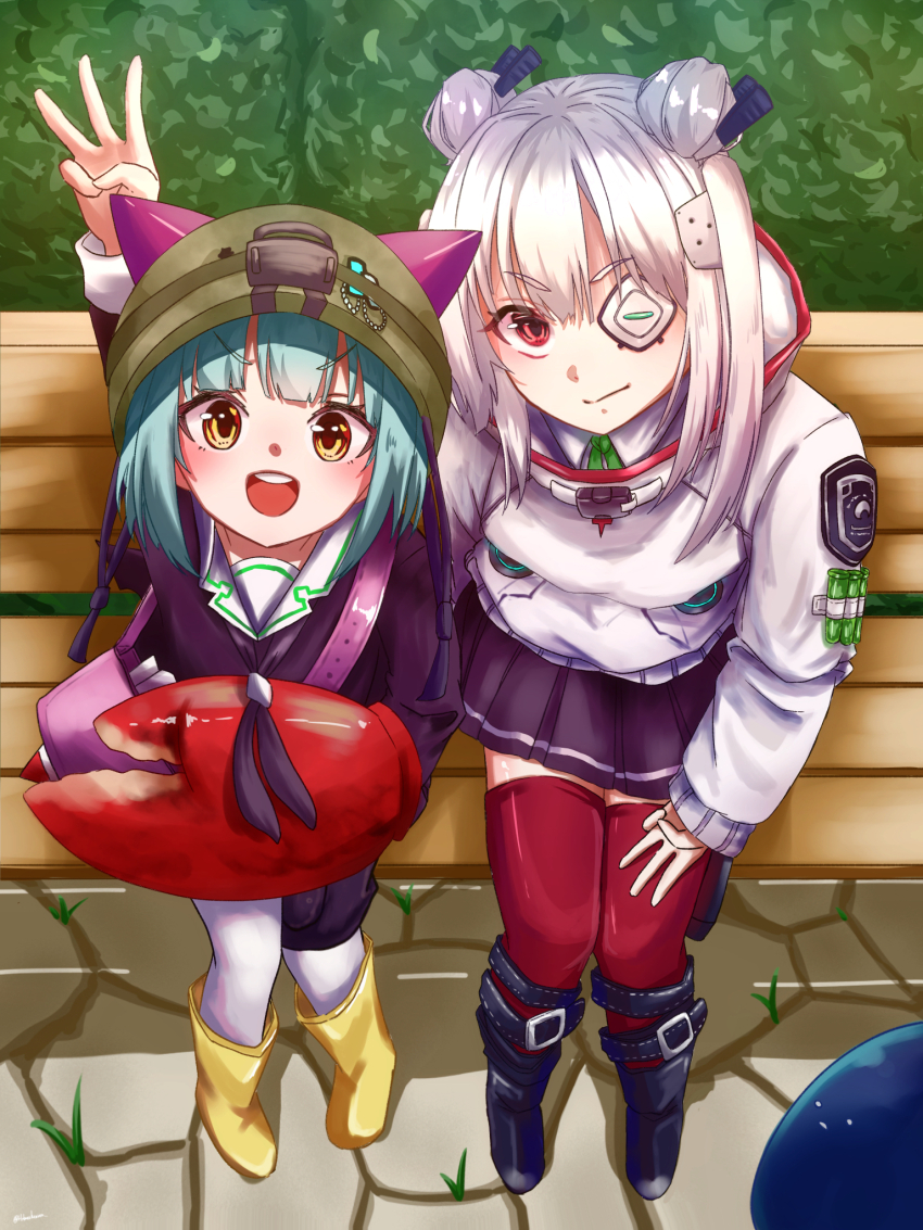 2girls, :d, arm_up, bench, black_boots, black_shirt, black_skirt, blue_hair