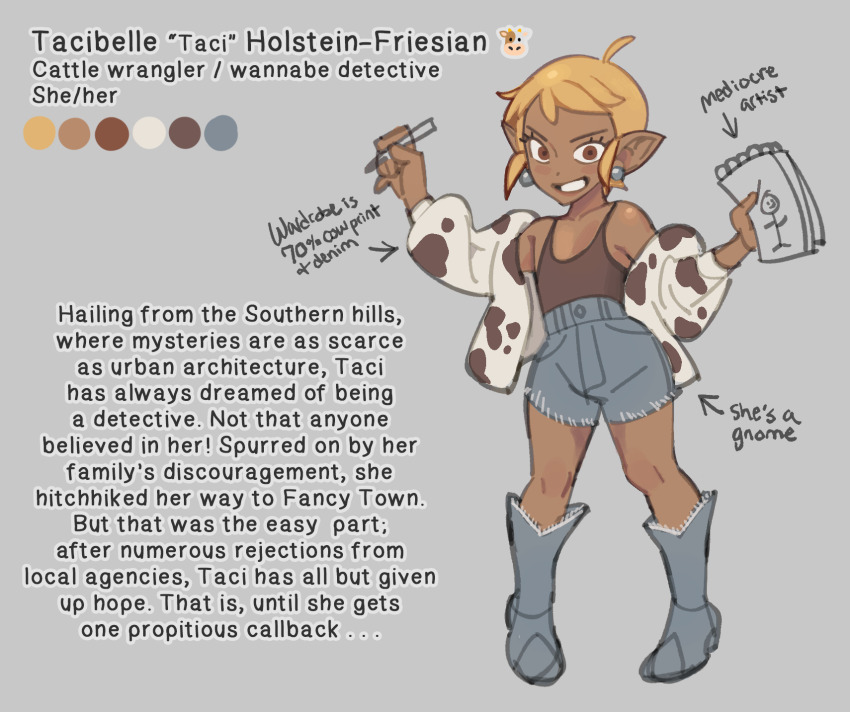 1girl, ahoge, blonde_hair, boots, denim, denim_boots, denim_shorts, drawfee, drawtectives, earrings, eyelashes, full_body, ganguro, gnome, grin, gyaru, highres, jacket, jewelry, original, petite, pointy_ears, procreate_(medium), shorts, shy-shortcake, single_earring, smile, solo, standing, tacibelle_holstein-friesian, tank_top