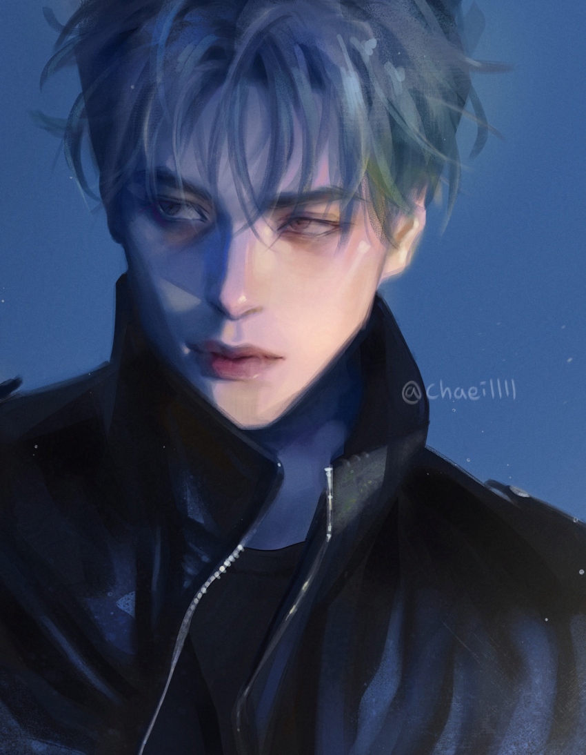 1boy, black_jacket, black_shirt, blue_background, blue_theme, chaeillll, collared_jacket, commentary_request