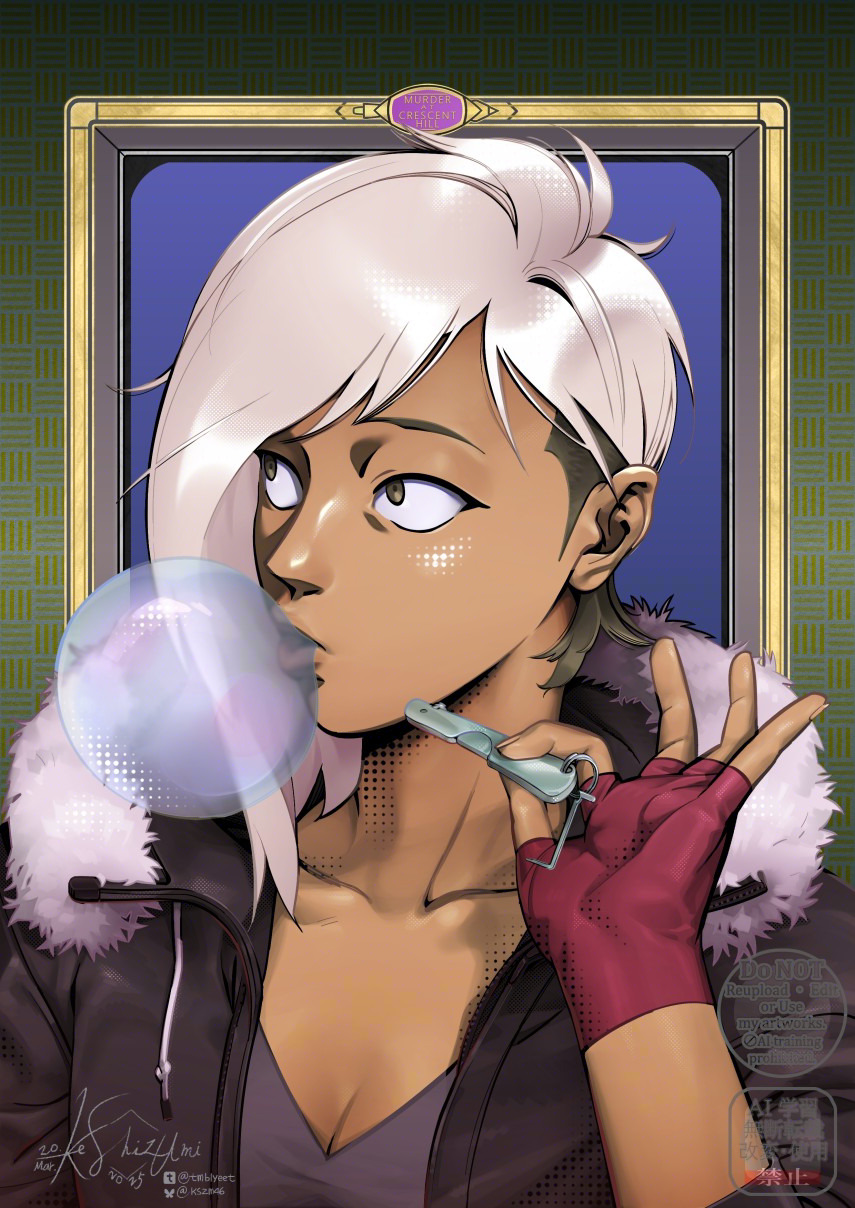 1girl, asymmetrical_hair, blowing_bubble_gum, breasts, brown_hair, chewing_gum, cleavage, collarbone, dark-skinned_female, dark_skin, drawfee, drawtectives, fingerless_gloves, fur-trimmed_jacket, fur_trim, gloves, highres, holding, jacket, lips, looking_to_the_side, multicolored_hair, nose, rose_(drawtectives), sanpaku, shirt, sidecut, solo, tmblyeet, two-tone_hair, undercut, upper_body, white_hair