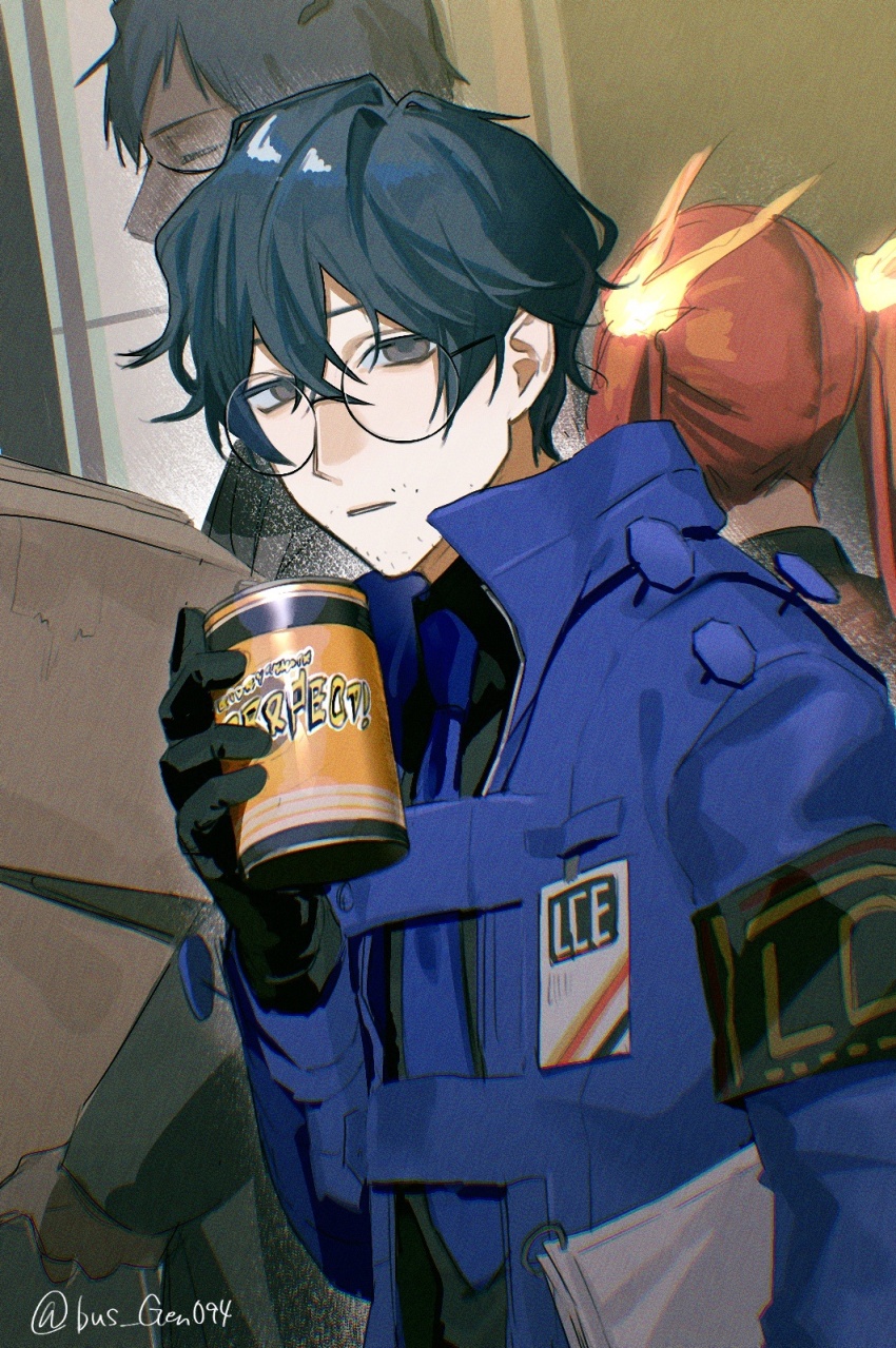 1girl, 2boys, alyssa_(project_moon), black_gloves, blue_coat, blue_hair, box, brown_eyes