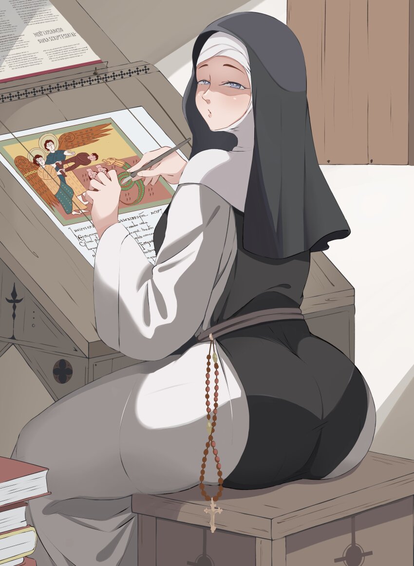 1girl, absurdres, angel, ass, belt, book, book_stack, cross