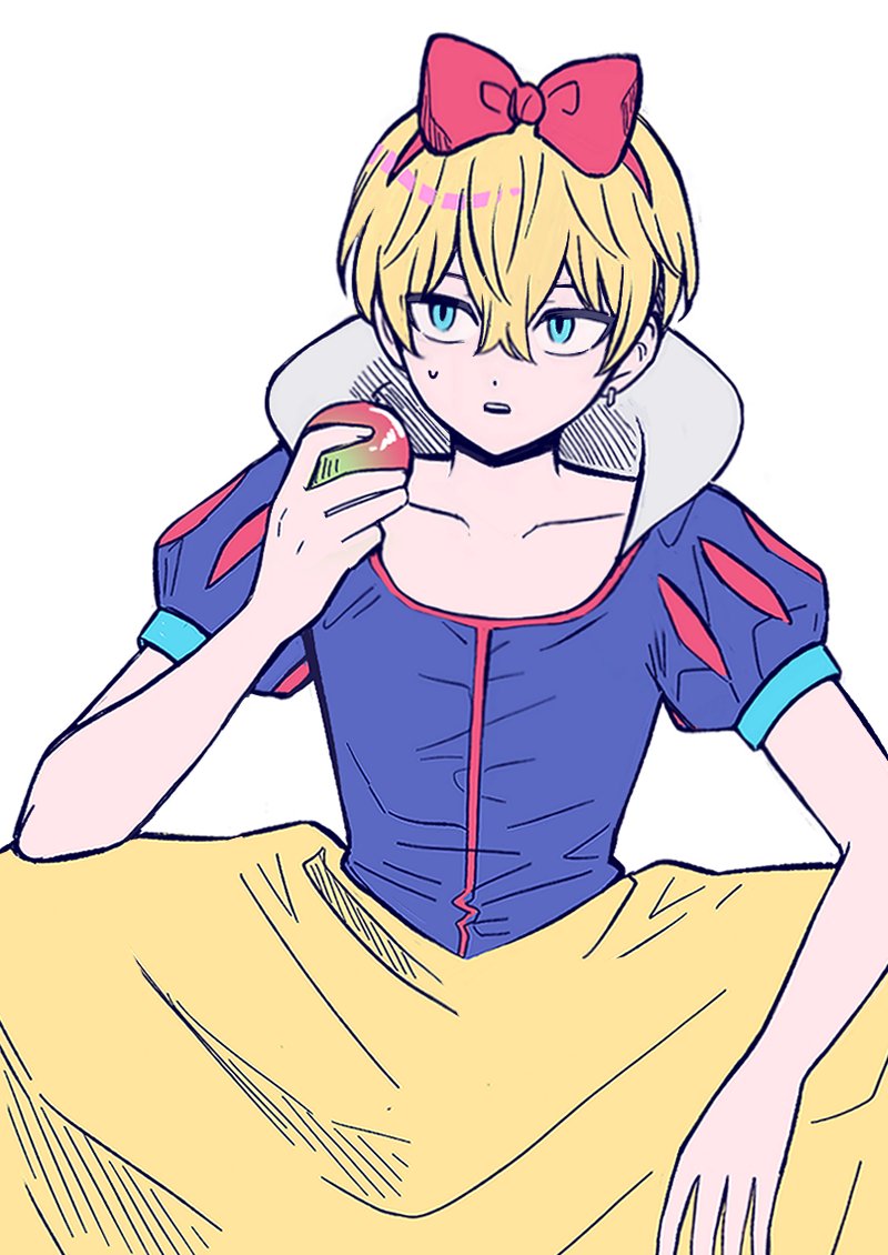 1boy, apple, aqua_eyes, blonde_hair, bow, collarbone, cosplay, crossdressing