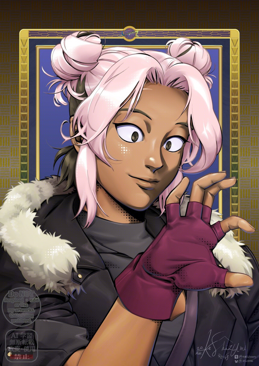 1girl, brown_hair, dark-skinned_female, dark_skin, double_bun, drawfee, drawtectives, fingerless_gloves, fur-trimmed_jacket, fur_trim, gloves, hair_bun, hair_intakes, highres, jacket, leather, leather_jacket, lips, multicolored_hair, nose, official_alternate_costume, official_alternate_hairstyle, pink_hair, rose_(drawtectives), scar, smile, solo, tmblyeet, two-tone_hair, upper_body