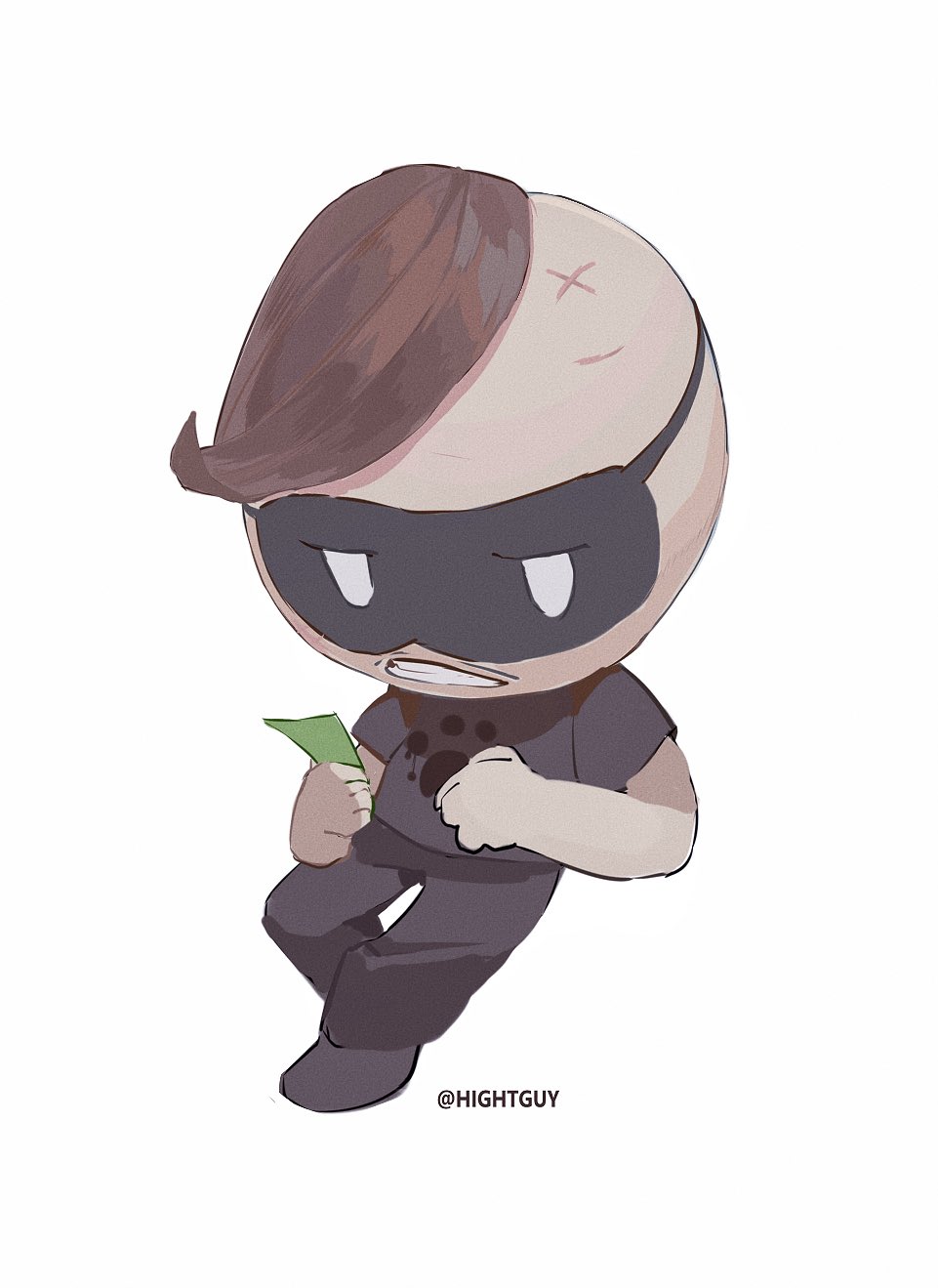 1boy, artist_name, banknote, black_mask, black_pants, black_shirt, black_shoes, brown_hair