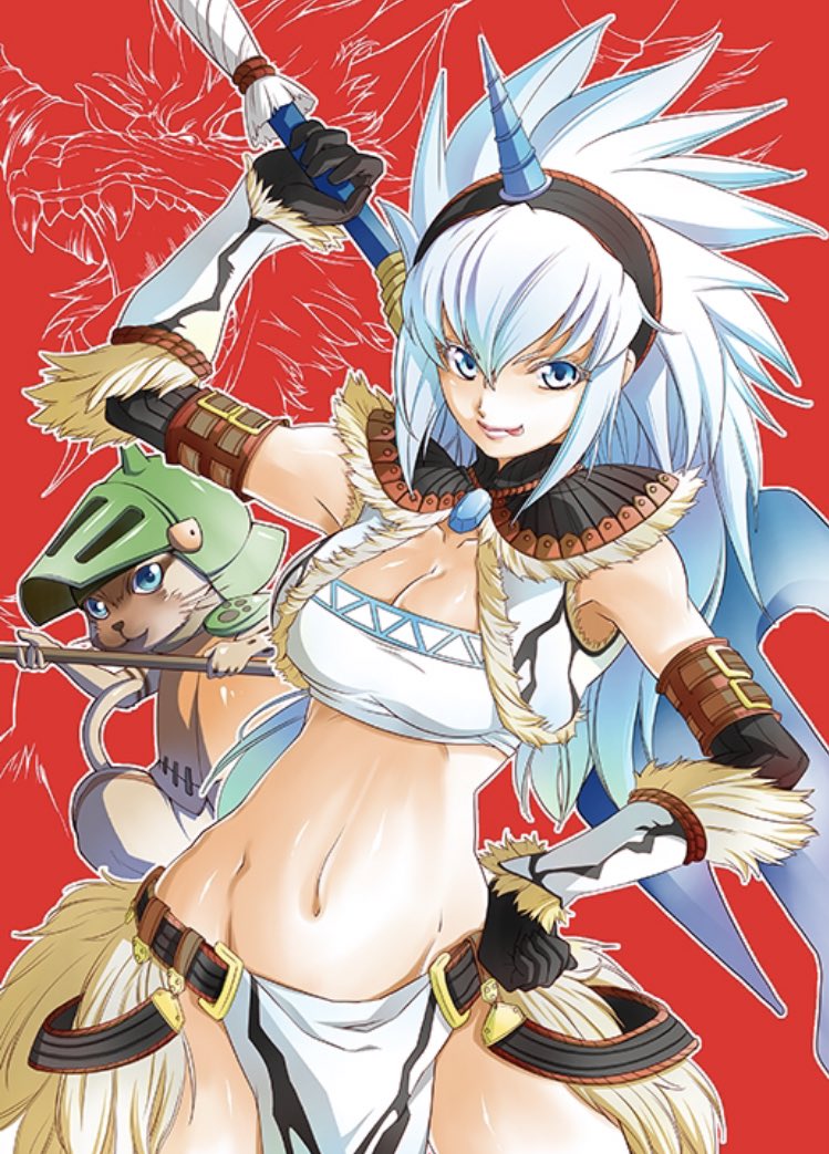 1girl, 1other, :p, acorn_(palico_armor), arm_up, armor, bandeau, black_gloves