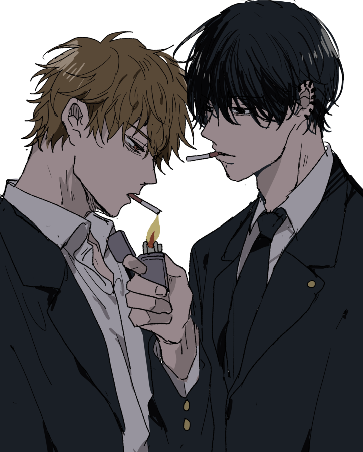 2boys, black_eyes, black_hair, black_jacket, black_necktie, chainsaw_man, cigarette, collared_shirt