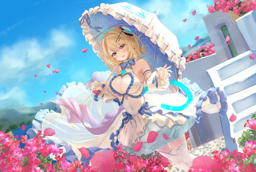 1girl, bare_shoulders, blonde_hair, blue_bow, blue_bowtie, blue_eyes, blue_sky, blue_tail