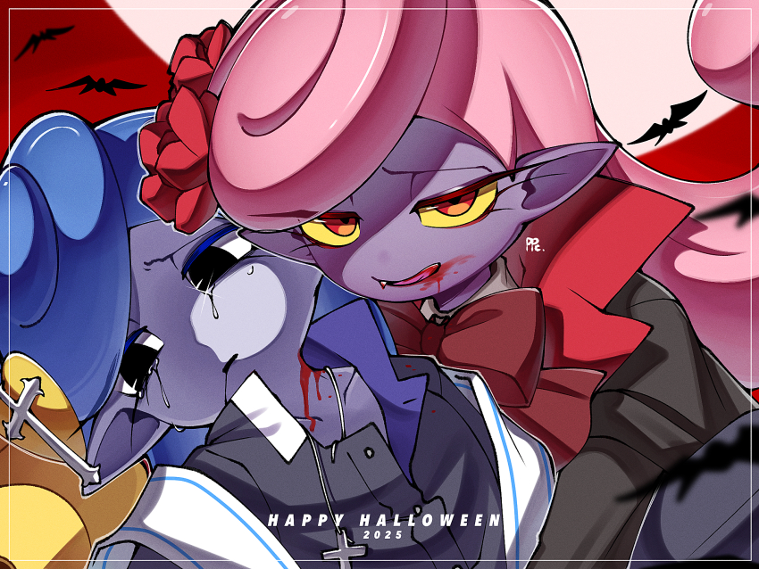 2boys, biting, black_eyes, blood, blood_on_face, blood_on_neck, blue_hair, colored_sclera