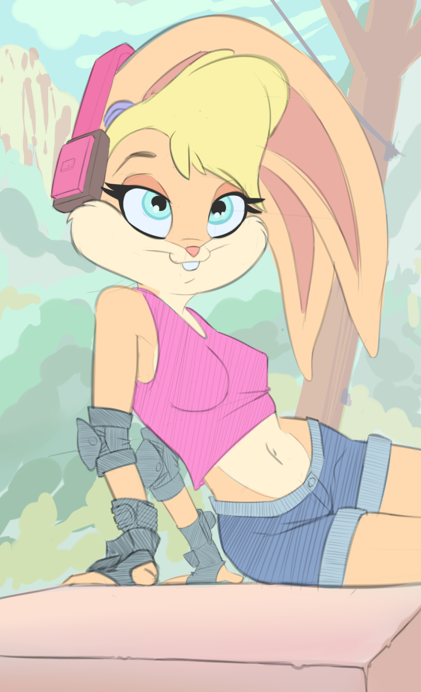 animal_ears, animal_nose, arms_behind_back, black_gloves, blonde_hair, blue_eyes, blue_shorts, breasts, cleavage, elbow_pads, fingerless_gloves, forest, gloves, groin, headphones, highres, lola_bunny, long_eyelashes, looking_at_viewer, looney_tunes, makeup, medium_breasts, midriff, nature, navel, orange_fur, pink_tank_top, ponytail, rabbit_ears, rabbit_girl, sarantics, shorts, sitting, sleeveless, smile, tank_top, teeth, two-tone_fur, upper_teeth_only, very_long_ears