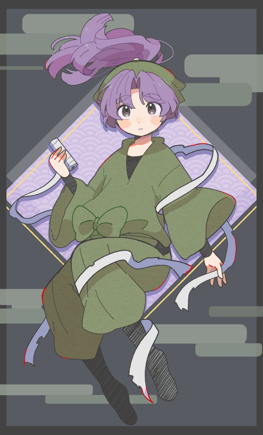 1boy, absurdres, bandages, blush, character_request, check_character, commentary_request, egasumi, full_body, green_hat, green_pants, green_shirt, grey_background, grey_eyes, hara_(nanohara), hat, highres, holding, holding_bandages, japanese_clothes, jika-tabi, katou_danzou_(rakudai_ninja_rantarou), looking_at_viewer, male_focus, ninja, pants, ponytail, purple_background, purple_hair, rakudai_ninja_rantarou, seigaiha, shirt, simple_background, solo, thick_eyebrows