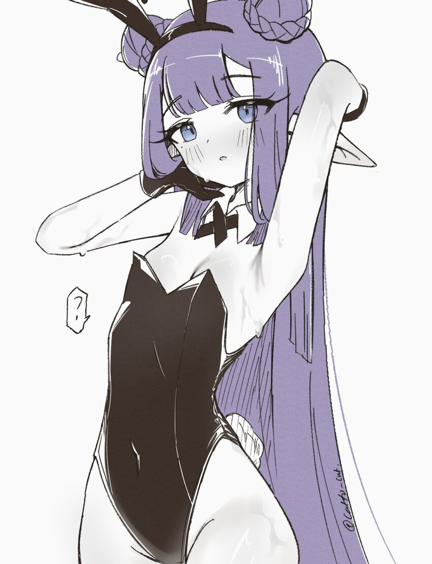 1girl, ?, animal_ear_hairband, animal_ears, arm_up, armpits, black_hairband, black_leotard