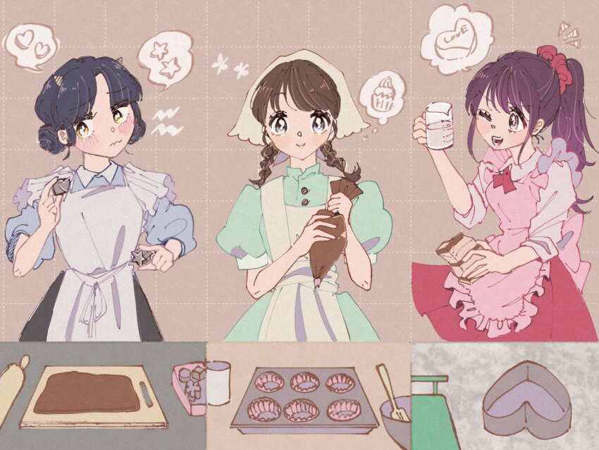 3girls, apron, black_skirt, blue_hair, braid, brown_hair, character_request, cocoa_681