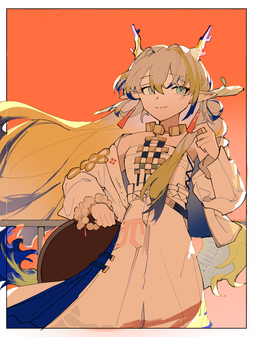 1girl, against_railing, arknights, bead_bracelet, beads, blonde_hair, blue_hair, border