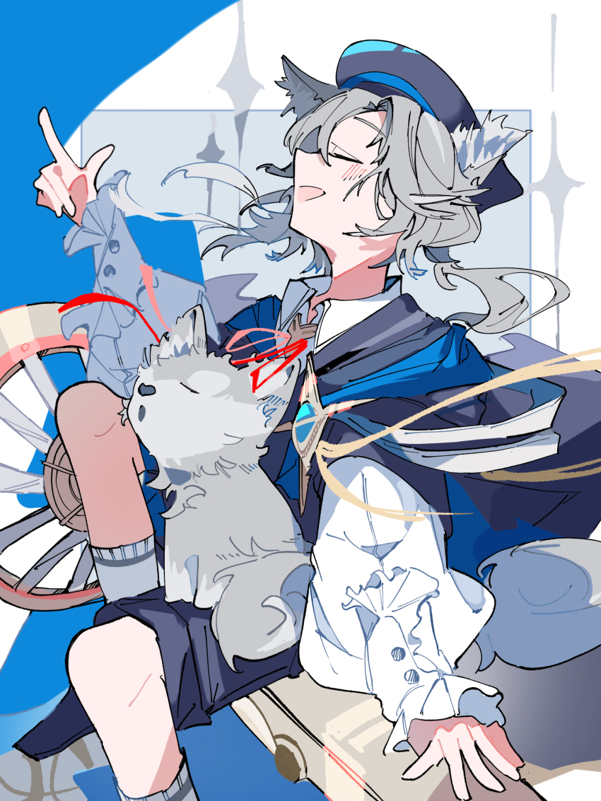 1boy, animal, animal_ear_fluff, animal_ears, animal_on_lap, arknights, arm_support, bassline_(arknights)