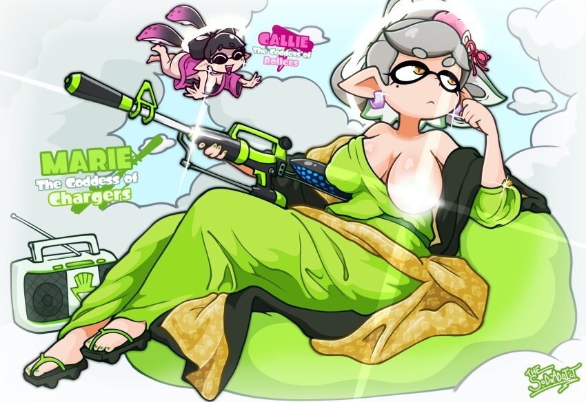 2girls, alternate_costume, bean_bag_chair, breast_slip, breasts, breasts_out, callie_(splatoon), censored_nipples, cloud, covered_erect_nipples, downblouse, earrings, english_text, facing_viewer, green_toenails, grey_hair, halo, hero_charger_(splatoon), holding, holding_weapon, japanese_clothes, jewelry, kimono, large_breasts, looking_to_the_side, lying, marie_(kimono)_(splatoon), marie_(splatoon), multiple_girls, nail_polish, nintendo, pointy_ears, sandals, solo_focus, splatoon_(series), splatoon_2, stereo, tentacle_hair, thesoderaddict, toenail_polish, toenails, weapon