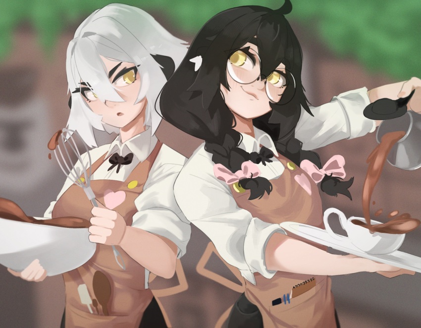 2girls, :o, ahoge, animal_ear_fluff, animal_ears, apron, apron_pocket, batter, black_bow, black_bowtie, black_hair, black_pants, blurry, blurry_background, bow, bowtie, braid, braided_sidelocks, brown_apron, brown_background, carafe, closed_mouth, coffee, commentary, cooking, cup, disposable_coffee_cup, disposable_cup, double-parted_bangs, english_commentary, flask, glasses, gold_buttons, green_background, hair_between_eyes, hair_bow, hair_intakes, heart, heart_print, highres, holding, holding_flask, holding_mixing_bowl, holding_tray, holding_whisk, long_sleeves, looking_at_viewer, maish_(maishtar_colo), maishtar_colo, medium_hair, multiple_girls, open_mouth, original, pants, pink_bow, pouring, round_eyewear, shirt, short_hair, siblings, sidelocks, sisters, sleeves_rolled_up, smile, spatula, spoon, tray, upper_body, v-shaped_eyebrows, whisk, white_hair, white_shirt, wooden_spoon, xin_(maishtar_colo), yellow_eyes
