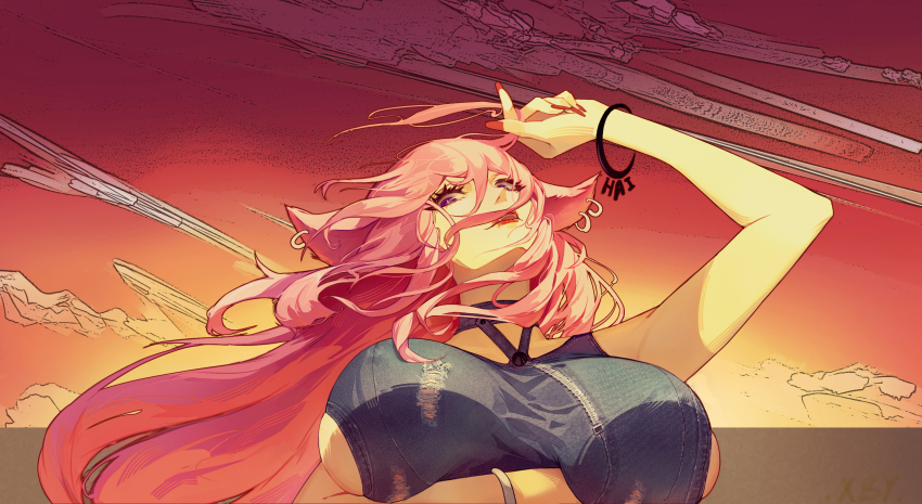 animal_ears, breasts, by.qlp, commentary_request, earrings, from_below, genshin_impact, hand_up