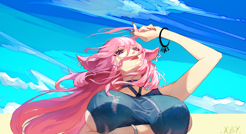 animal_ears, breasts, by.qlp, commentary_request, earrings, from_below, genshin_impact, hand_up