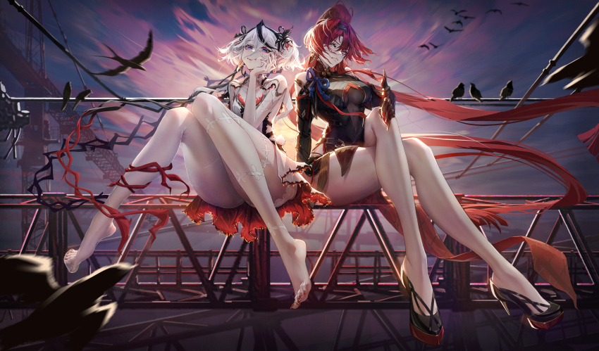 2girls, absurdres, barefoot, bird, by.qlp, camellya_(wuthering_waves), commentary_request, crossed_legs