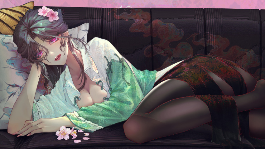 1girl, absurdres, black_pantyhose, breasts, by.qlp, cleavage, commentary_request, hand_up