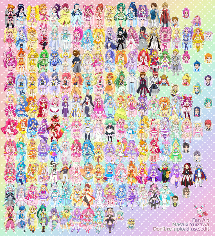6+boys, 6+girls, absolutely_everyone, absurdres, akechi_anna, amai_shirou, animal_ears, aoki_reika, apron, aqua_eyes, aqua_hair, armor, asahina_mirai, belt, black-framed_eyewear, black_belt, black_gloves, black_hair, blonde_hair, blonde_haired_cure_(bomber_girls_precure)_(happinesscharge_precure!), blue_bow, blue_eyes, blue_gloves, blue_hair, blush_stickers, boots, bow, bowtie, braid, brown_eyes, brown_hair, cape, cat_ears, cat_tail, character_request, collared_shirt, commentary_request, copyright_request, cowboy_hat, crossed_arms, crown, cure_answer, cure_arcana_shadow, cure_beat, cure_beauty, cure_black, cure_bloom, cure_blossom, cure_chocolat, cure_connect, cure_etoile, cure_finale, cure_flora, cure_fontaine, cure_happy, cure_kiss, cure_lemonade, cure_macaron, cure_majesty, cure_milky, cure_miracle, cure_nyammy, cure_papaya, cure_peach, cure_precious, cure_prism, cure_selene, cure_sparkle, cure_spicy, cure_star, cure_sunshine, cure_white, cure_wing, cure_yum-yum, delicious_party_precure, double_v, dress, drill_hair, earrings, elbow_gloves, ellee-chan, epaulettes, everyone, eye_mask, fingerless_gloves, flower, fortissimo, fox_ears, fox_tail, freckles, fresh_precure!, futari_wa_precure, futari_wa_precure_max_heart, futari_wa_precure_splash_star, fuwa_kokone, glasses, gloves, go!_princess_precure, goggles, goggles_on_head, green_bow, green_eyes, green_hair, grey-framed_eyewear, grey_gloves, grey_hair, grey_haired_cure_(bomber_girls_precure)_(happinesscharge_precure!), hagoromo_lala, hair_between_eyes, hair_bow, hair_bun, hair_flower, hair_ornament, hair_over_eyes, hair_over_one_eye, hair_stick, hair_tubes, hairband, hanamichi_ran, hanasaki_tsubomi, happinesscharge_precure!, haruno_haruka, hat, hat_feather, hat_ornament, headband, healin'_good_precure, heart, heartcatch_precure!, heterochromia, hibiki_kaito, highres, hiramitsu_hinata, hirogaru_sky!_precure, holding, holding_pom_poms, holding_sword, holding_weapon, hoshina_hikaru, hoshizora_miyuki, hugtto!_precure, hyuuga_saki, ichinose_minori, japanese_clothes, jett_(human)_(precure), jett_(precure), jewelry, kagayaki_homare, kaguya_madoka, kasai_amane, kasugano_urara_(precure), kenjou_akira, kimi_to_idol_precure, kirakira_precure_a_la_mode, kome-kome, kotozume_yukari, kujou_hikari, kurokawa_eren, lion_ears, lion_tail, mahou_girls_precure!, mahou_girls_precure!!_mirai_days, maid_apron, maid_headdress, mask, meitantei_precure!, mem-mem_(precure), meroron_(precure), midriff, milky_rose, mimino_kurumi, mini_crown, mini_hat, mini_top_hat, mini_witch_hat, misumi_nagisa, momozono_love, moria_luluka, multicolored_hair, multiple_boys, multiple_girls, musical_note, musical_note_hair_ornament, myoudouin_itsuki, nagomi_yui, navel, necktie, nekoyashiki_yuki, nico_(wonderful_precure!), nijigaoka_mashiro, one_eye_closed, open_mouth, orange_eyes, orange_gloves, orange_hair, pam-pam, paw_pose, pink_bow, pink_eyes, pink_hair, planet_hair_ornament, pointy_ears, pom_pom_(cheerleading), pom_pom_(clothes), pom_poms, precure, precure_all_stars, purple_bow, purple_eyes, purple_hair, red_bow, red_bowtie, red_eyes, red_hair, red_haired_cure_(bomber_girls_precure)_(happinesscharge_precure!), sailor_collar, sawaizumi_chiyu, shiny_luminous, shirt, smile, smile_precure!, squirrel_tail, star_(symbol), star_hair_ornament, star_hat_ornament, star_twinkle_precure, striped_bow, suite_precure, sword, syrup_(precure), tail, tiara, tongue, tongue_out, top_hat, toyama_daifuku, toyama_daifuku_(magical_boy), tropical-rouge!_precure, twin_braids, twin_drills, twintails, two-tone_hair, v, weapon, white_bow, white_cape, white_flower, white_gloves, witch_hat, wonderful_precure!, wrist_cuffs, yellow_eyes, yes!_precure_5, yes!_precure_5_gogo!, yuizawa, yukishiro_honoka, yuunagi_tsubasa