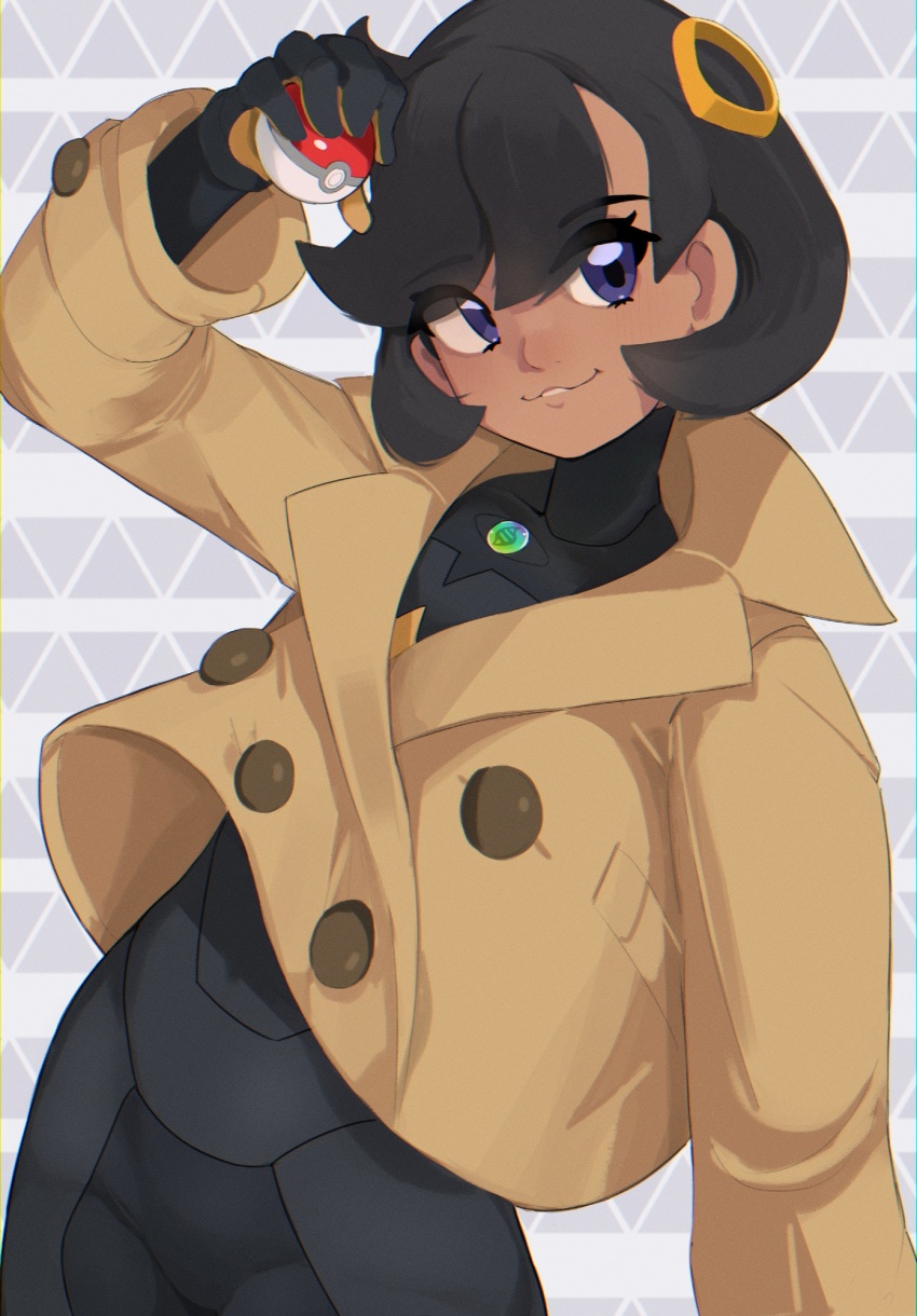 1girl, arm_up, black_gloves, black_hair, black_pants, black_shirt, brooch, brown_jacket