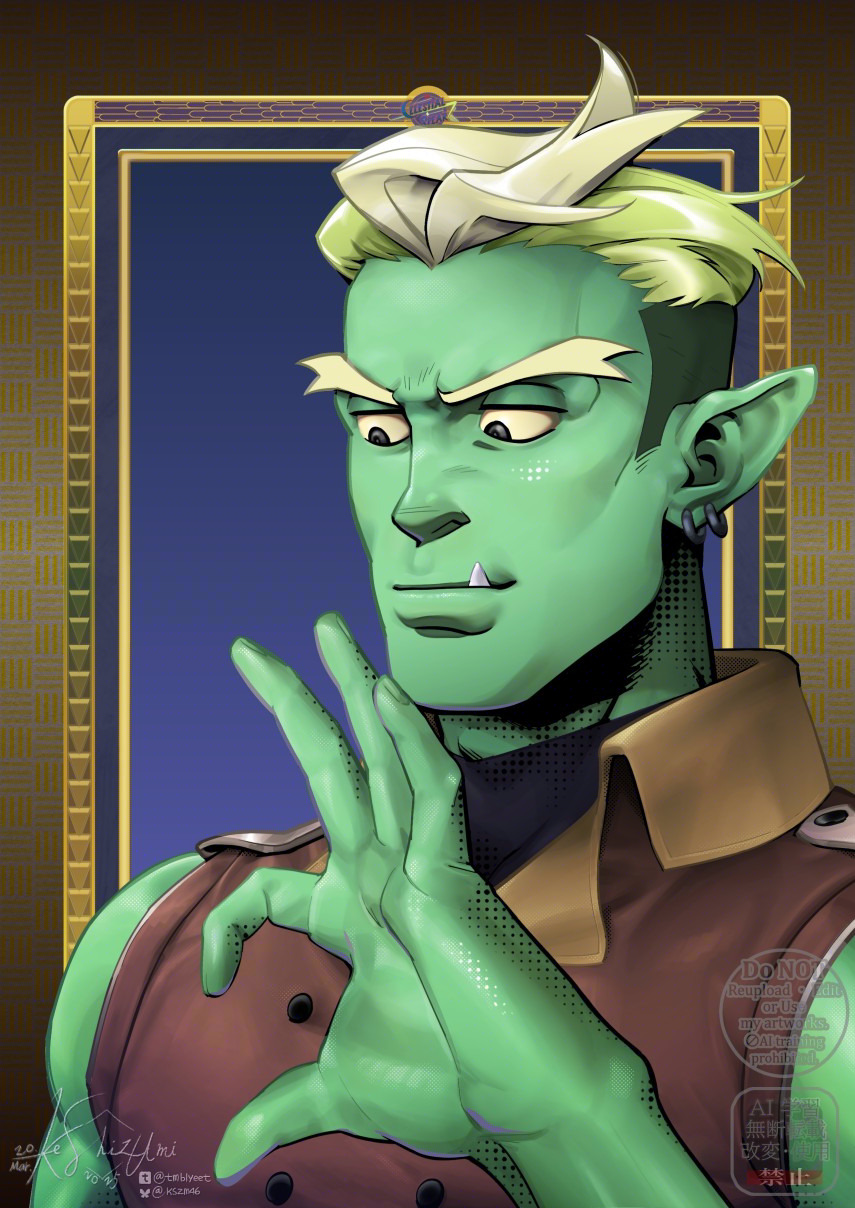 1boy, adam's_apple, blonde_hair, cheekbones, colored_skin, drawfee, drawtectives, earrings, fingernails, green_skin, gyorik_rogdul, highres, jewelry, jitome, male_focus, monster_boy, muscular, muscular_male, nose, official_alternate_costume, official_alternate_hairstyle, orc, pointy_ears, solo, thick_eyebrows, tmblyeet, turtleneck, underbite, undercut, upper_body