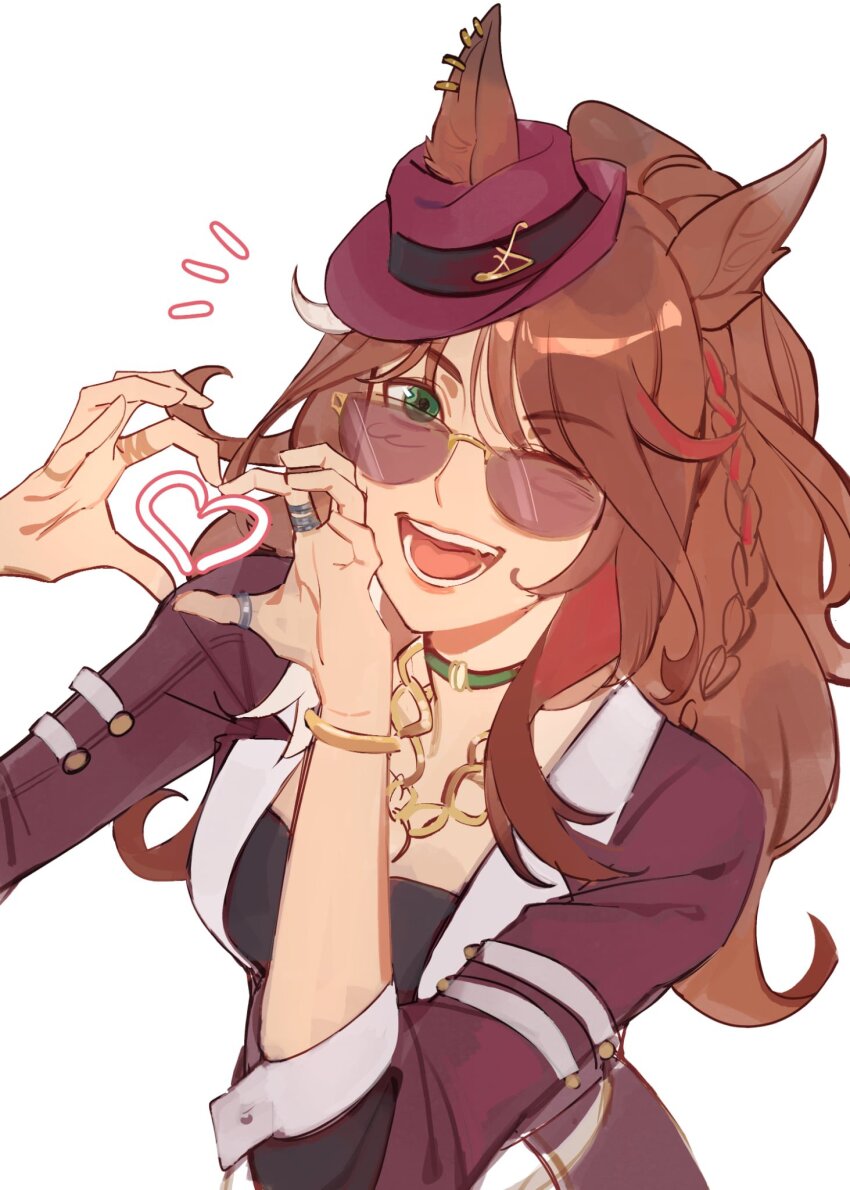 1girl, animal_ears, black_shirt, bracelet, braid, breasts, brown_hair, chocoyanstickz