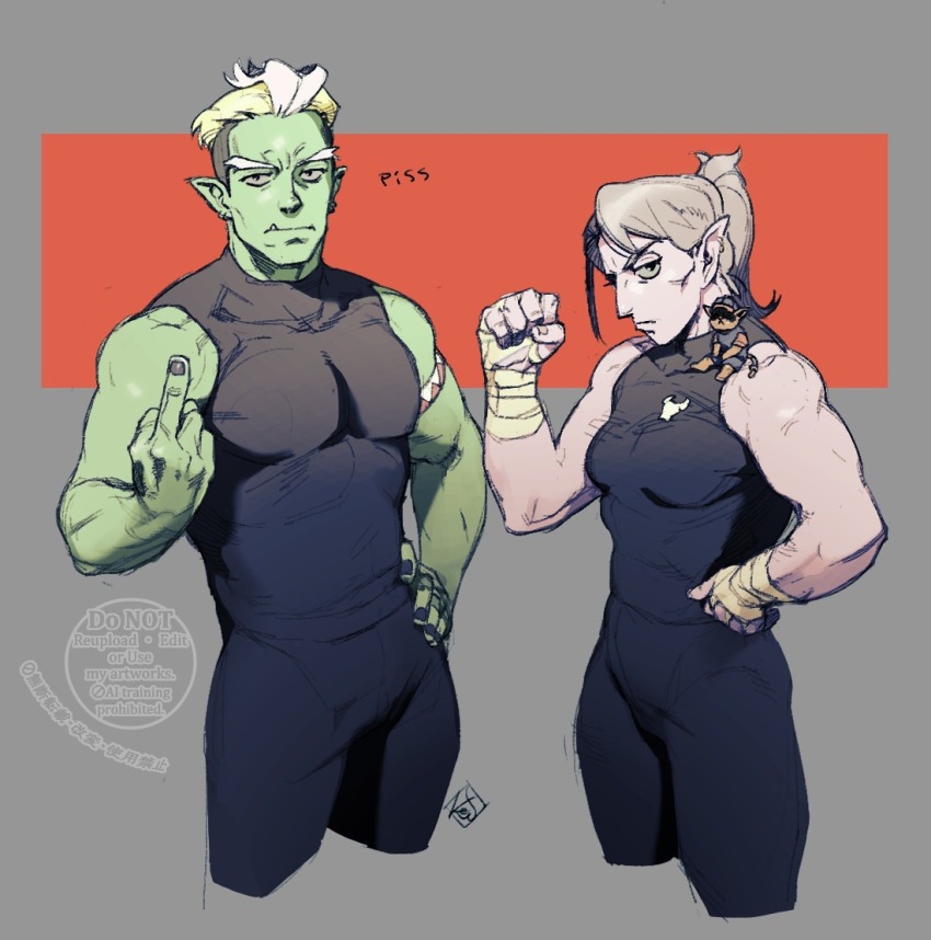 1boy, 1girl, aquiline_nose, bandaged_hand, bandages, breasts, cat, cheekbones