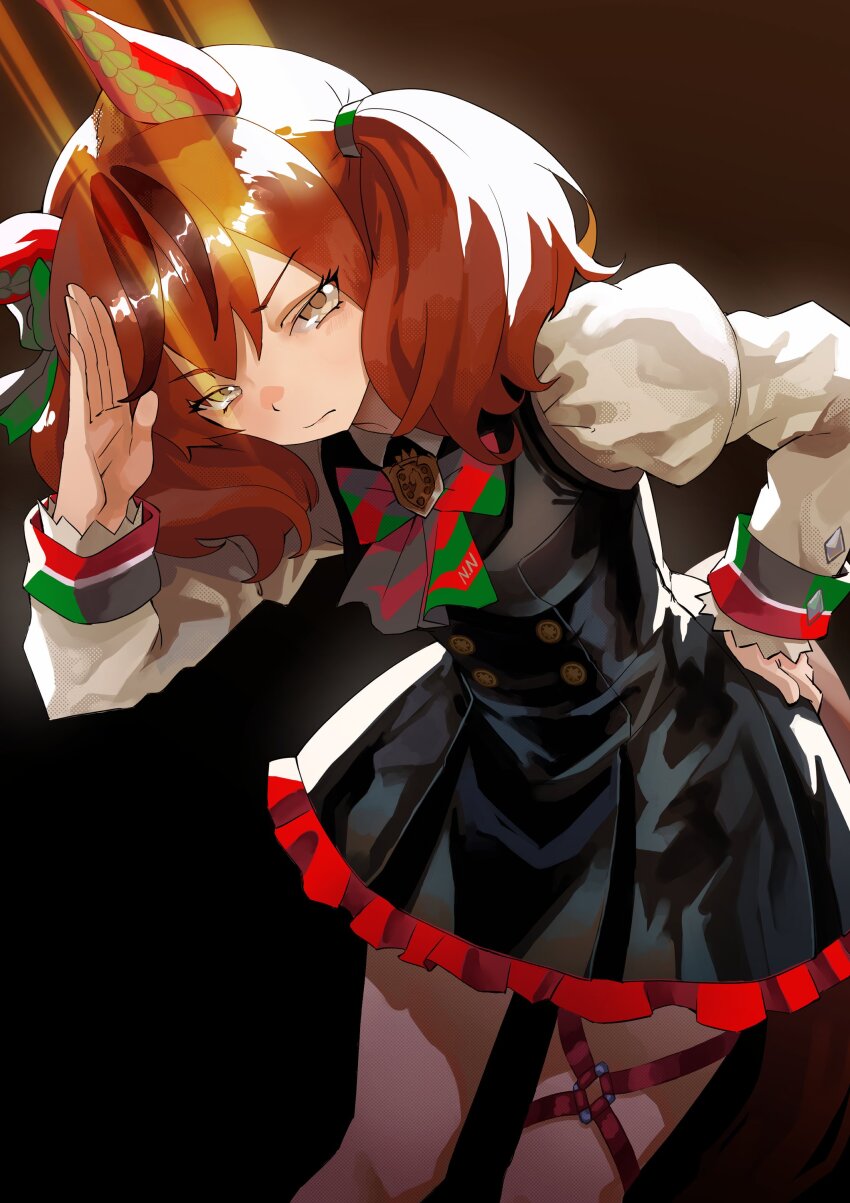 1girl, absurdres, animal_ears, black_dress, blush, bow, bowtie, brown_eyes, brown_hair, chococonisky, closed_mouth, commentary, diagonal-striped_bow, dress, ear_bow, ear_covers, ear_ribbon, english_commentary, green_bow, green_bowtie, hand_on_own_hip, highres, horse_ears, horse_girl, horse_tail, juliet_sleeves, long_sleeves, looking_at_viewer, medium_hair, multicolored_hair, nice_nature_(poinsettia_ribbon)_(umamusume), nice_nature_(umamusume), o-ring, o-ring_thigh_strap, pinafore_dress, puffy_sleeves, shirt, sleeveless, sleeveless_dress, solo, streaked_hair, striped_bow, striped_bowtie, striped_clothes, tail, thigh_strap, twintails, umamusume