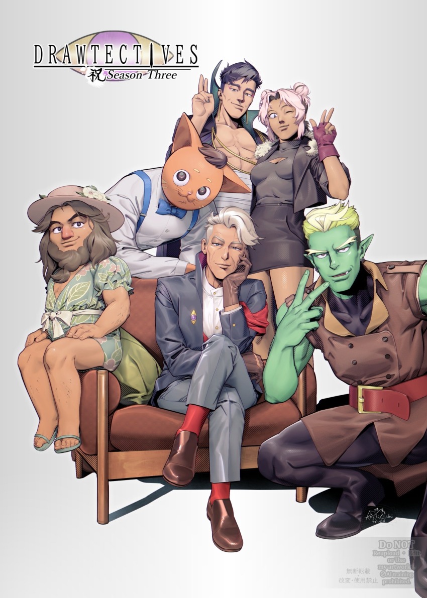 1other, 2girls, 3boys, bandages, beard, black_shirt, blonde_hair, bow