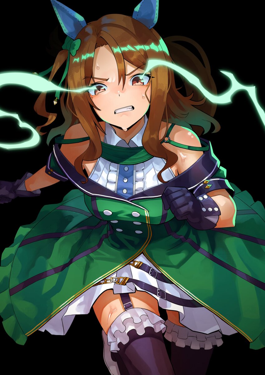 1girl, absurdres, animal_ears, bare_shoulders, black_gloves, black_thighhighs, blush, bow