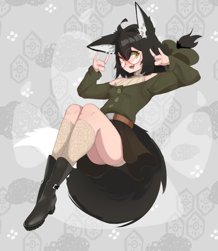 1girl, ahoge, alternate_species, animal_ear_fluff, animal_ears, arms_up, belt, black_boots, black_hair, black_skirt, boots, braid, braided_ponytail, brown_belt, brown_shorts, brown_socks, brown_sweater, commentary, crossed_bangs, double-parted_bangs, double_fox_shadow_puppet, english_commentary, fangs, floating_hair, floral_background, floral_print, fox_ears, fox_girl, fox_shadow_puppet, fox_tail, glasses, green_shirt, grey_background, highres, kneehighs, knees_up, long_hair, long_sleeves, looking_at_viewer, maish_(maishtar_colo), maishtar_colo, open_mouth, original, red-framed_eyewear, ribbed_sweater, round_eyewear, shirt, shorts, shorts_under_skirt, sitting, skirt, sleeveless, sleeveless_sweater, smile, socks, solo, sweater, sweater_under_shirt, tail, yellow_eyes