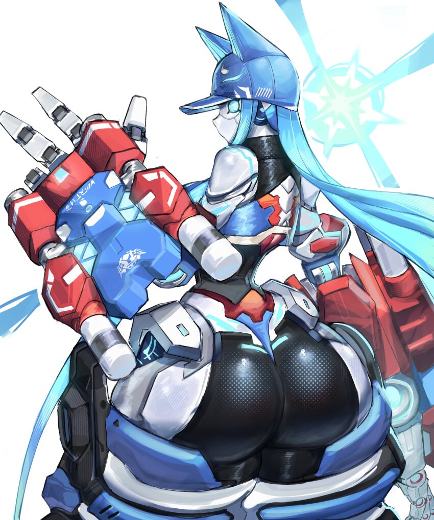 1girl, absurdres, animal_ears, armor, ass, baseball_cap, blue_eyes, blue_hair