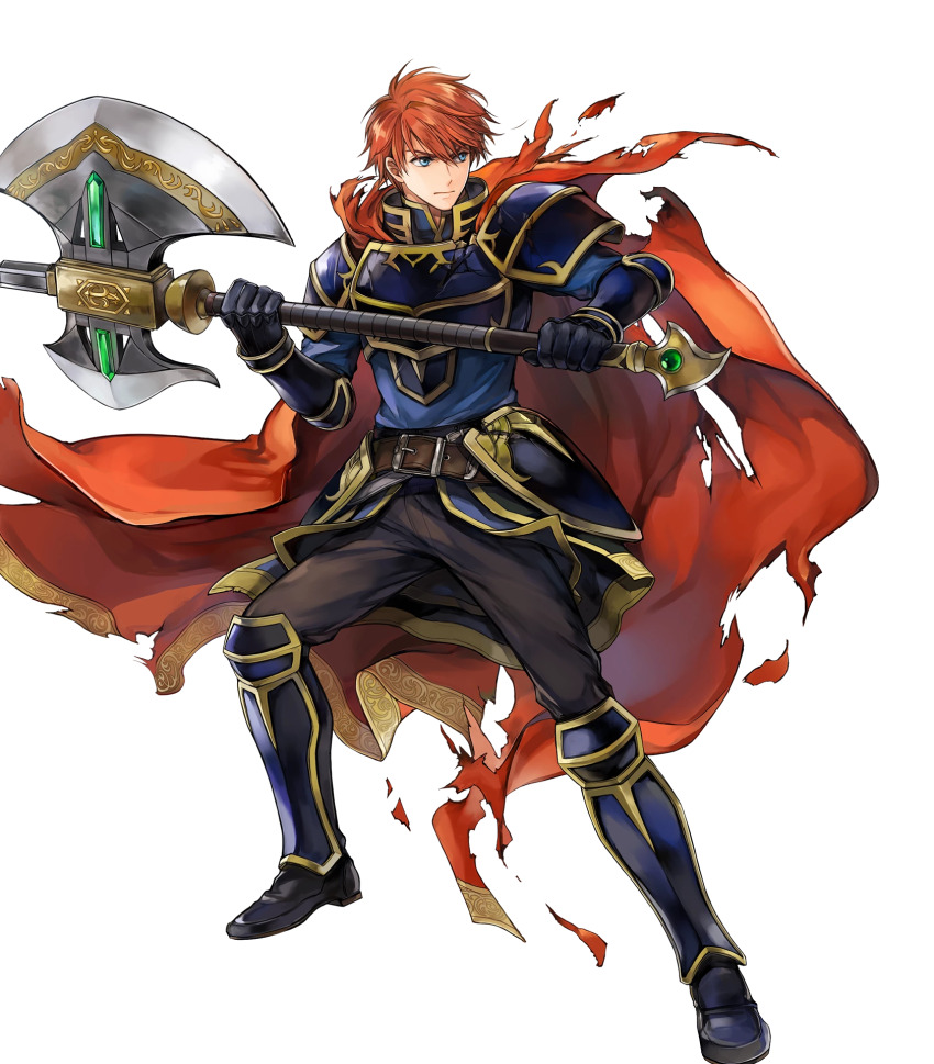 1boy, armor, axe, battle_axe, blue_armor, blue_eyes, cape, cosplay